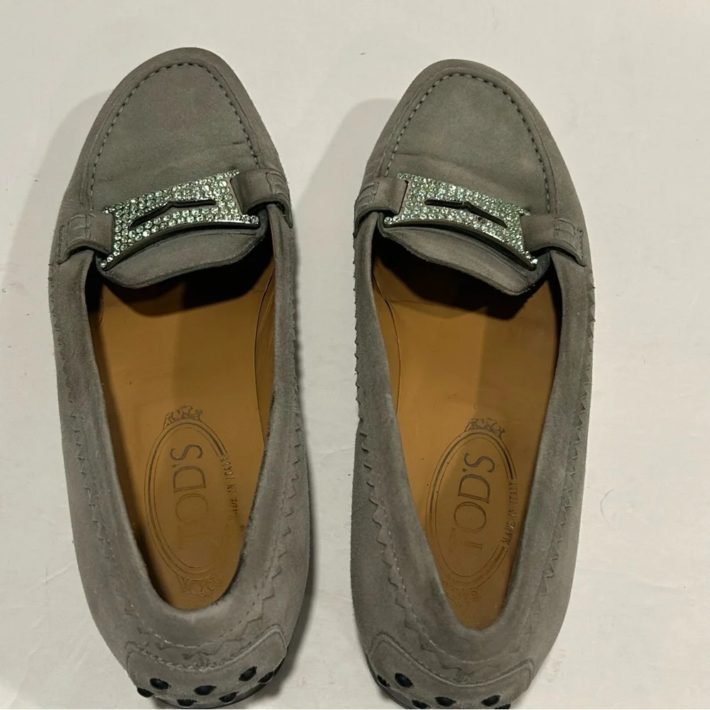 TOD’S Suede Leather Driving Loafers Rhinestone Crystal Buckle, Gray, Sz 9.5 - Picture 5 of 14